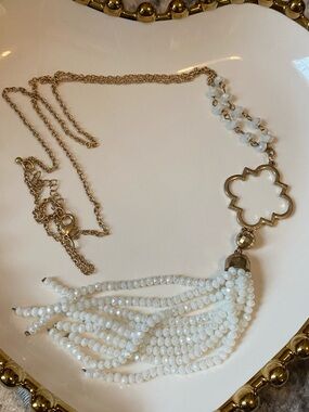 Gold & White Beaded Clover Tassel Necklace
